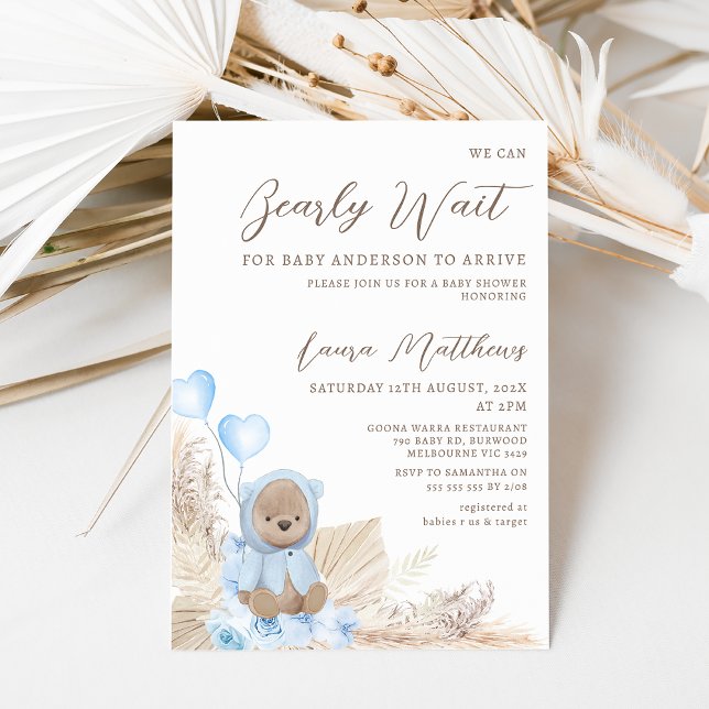 Invitación Corner Floral Boho Podemos Esperar Baby Shower (Boys we can bearly wait for baby to arrive baby shower invitation with bear and heart shaped balloon)