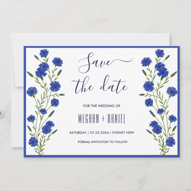 Invitación Cornflower Blue Boda Botánico Guardar fecha (Anverso)