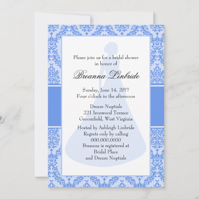 Invitación Cornflower Blue Damask Bridal Shower (Anverso)