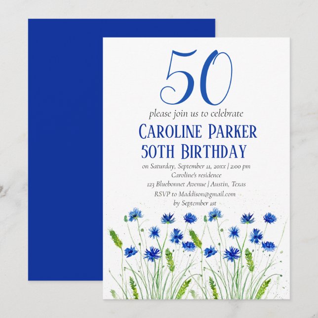 Invitación Cornflowers 50.º cumpleaños Floral azul (Anverso / Reverso)