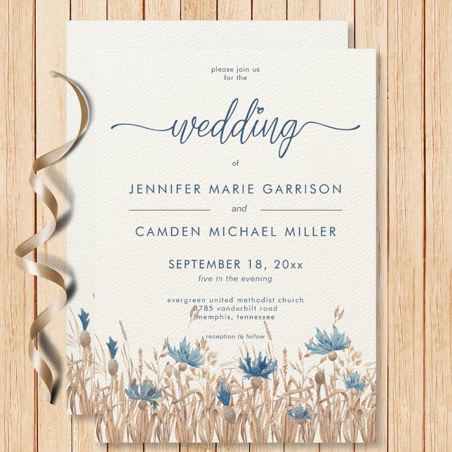 Invitación Cornflowers Blue Trieat Field Cream Boda moderno (Blue Cornflowers Wheat Field Cream Modern Wedding Invitation)