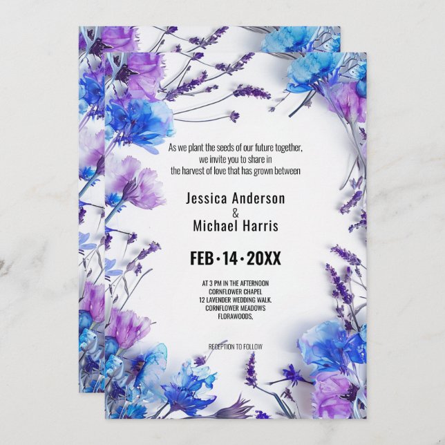 Invitación 💍 Cornflowers y Lavender Elegance (Anverso / Reverso)