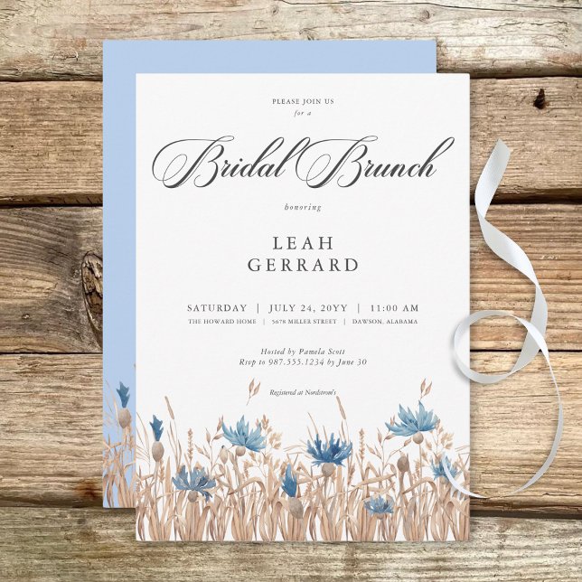 Invitación Cornflowers y Wheat Field Bridal Brunch (Blue Cornflowers & Wheat Field Bridal Brunch Invitation)