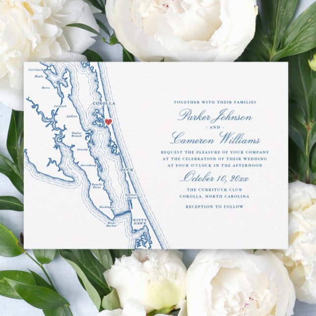 Invitación Corolla NC Mapa Elegante Azul Marino Boda (Corolla NC Map Outer Banks Wedding Invitation in Elegant Navy Blue by Coastal Map Designs)