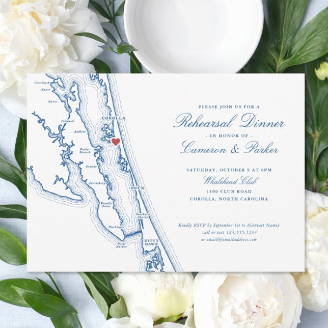 Invitación Corolla NC OBX Map Navy Blue Rehearsal Dinner (Corolla NC Rehearsal Dinner Invitation with Elegant navy blue Outer Banks map by Coastal Map Designs)