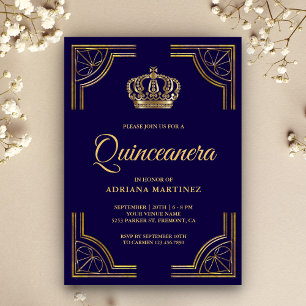 Invitación Corona Antigüa de Oro Azul Ornata Quinceañera