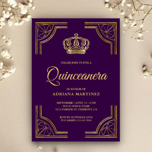 Invitación Corona Antigüa de Oro Púrpura Quinceañera