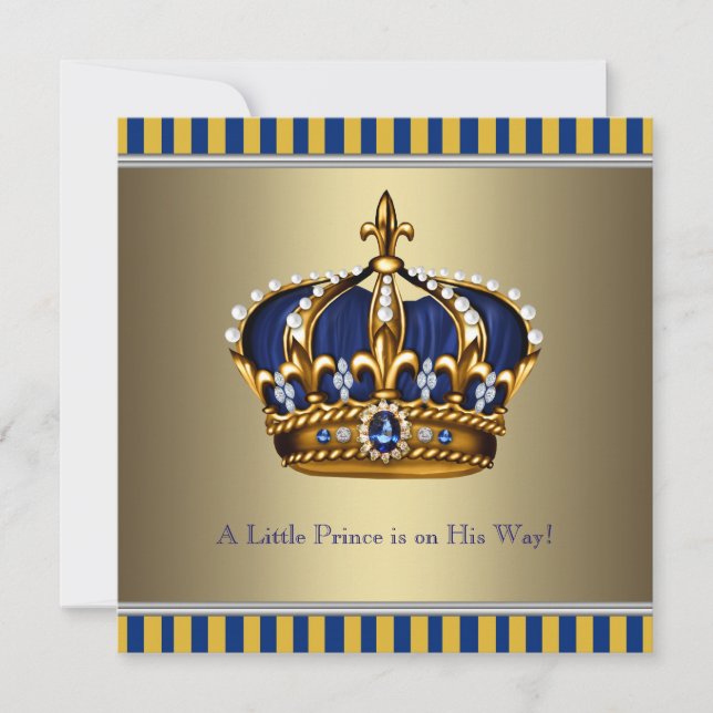 Invitación Corona Azul Dorada Príncipe Bebé Shower (Anverso)