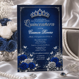 Invitación Corona Azul Real y Plateada Quinceañera Española