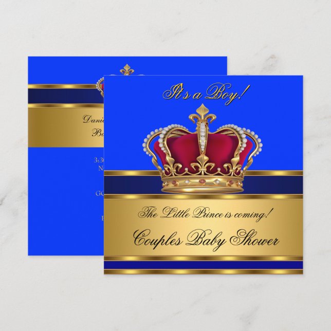 Invitación Corona Baby Shower de Prince Royal Blue Boy (Anverso / Reverso)