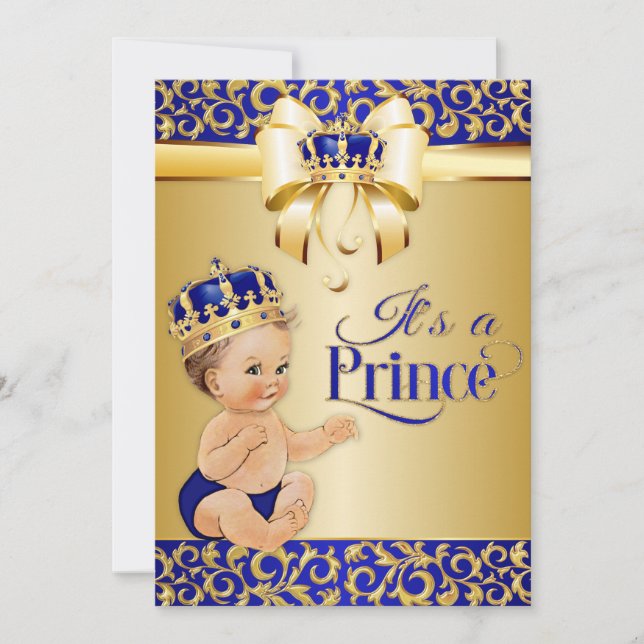Invitación Corona Baby Shower Royal Blue & Gold Prince (Anverso)