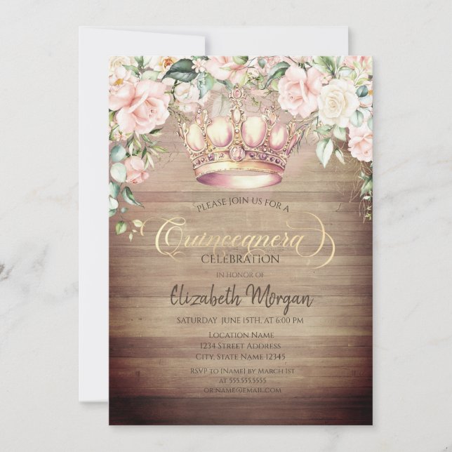Invitación Corona Boho Rosas Madera Quinceañera (Anverso)
