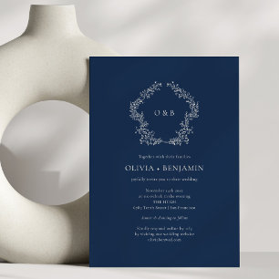 Invitación Corona Botánica Azul Marino Boda Clásica