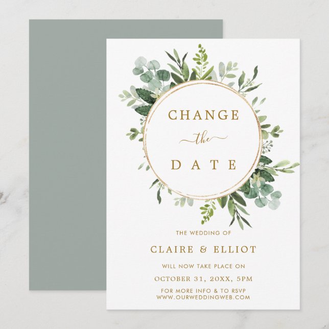 Invitación Corona Botánica Boda Dorada Cambiar la Fecha (Anverso / Reverso)