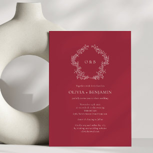 Invitación Corona Botánica Clásica Boda Rojo Carmesí