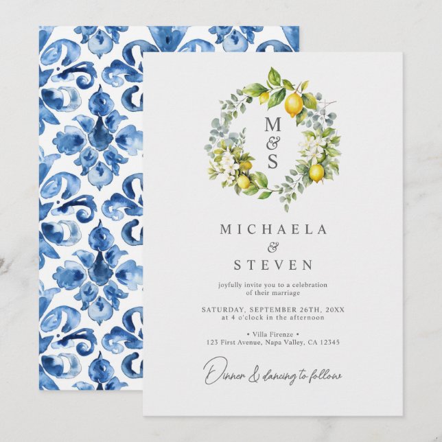 Invitación Corona botánica de acuarela de limón para boda (Anverso / Reverso)