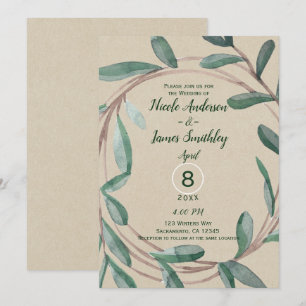 Invitación Corona Botánica de Boda con Hojas Rustic Kraft