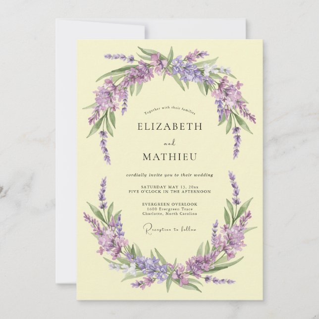 Invitación Corona Botánica de Boda de Lavanda (Anverso)