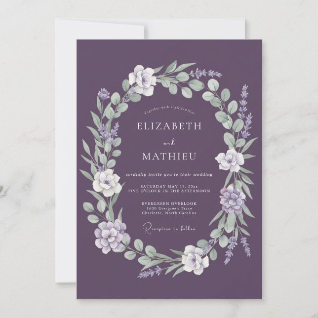 Invitación Corona Botánica de Bodas de Ciruela (Anverso)