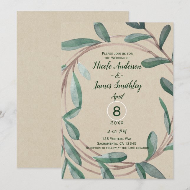 Invitación Corona Botánica de Hojas Rustic Kraft Boda (Anverso / Reverso)