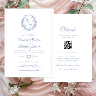 Invitación Corona Botánica de Monograma Azul Polvoriento Todo