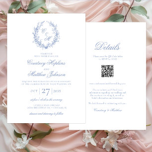 Invitación Corona Botánica de Monograma Azul Polvoriento Todo
