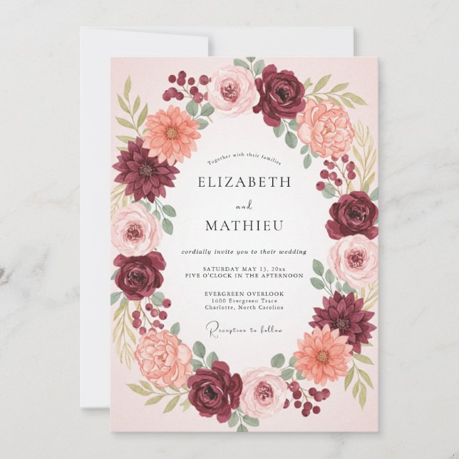 Invitación Corona Botánica Floral Borgoña Boda (Anverso)