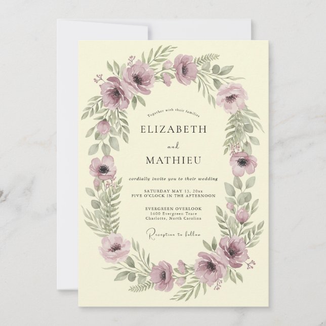 Invitación Corona Botánica Malva Boda (Anverso)