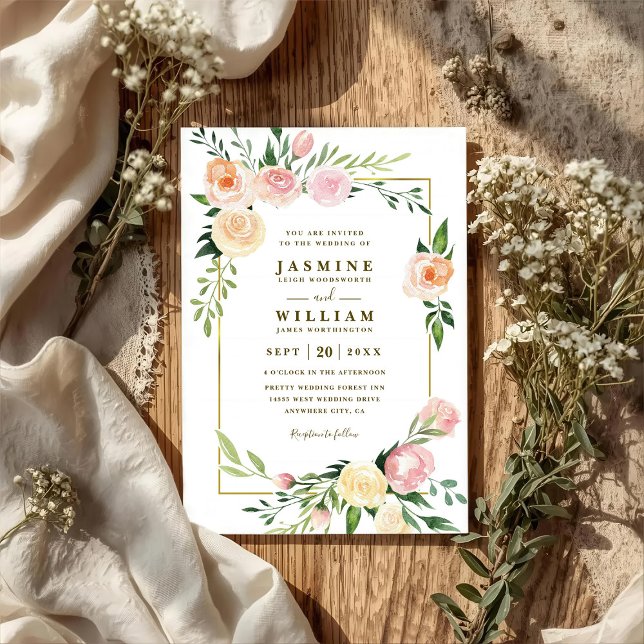 Invitación Corona botánica rosa boda código QR rústica (Subido por el creador)