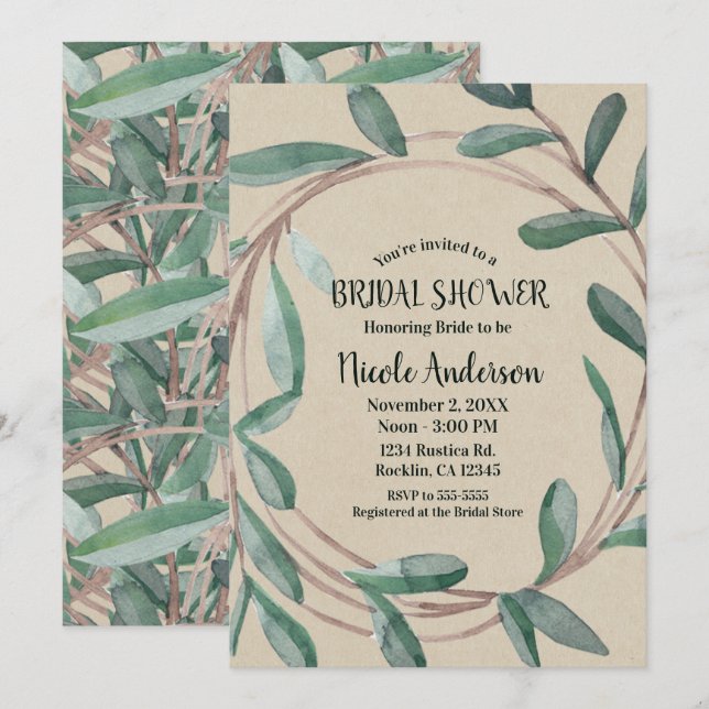 Invitación Corona botánica Rustic Kraft para despedida de sol (Anverso / Reverso)
