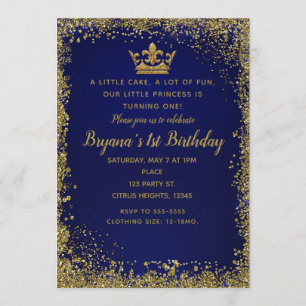 Invitación Corona Brillante Azul Real y Dorado Cumpleaños 1er
