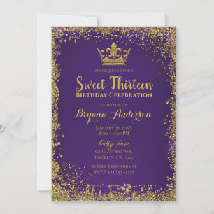 Invitación Corona Brillante de Purpura y Dorado Fiesta Sweet 
