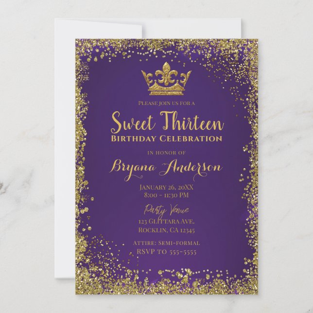 Invitación Corona Brillante de Purpura y Dorado para Fiesta S (Anverso)