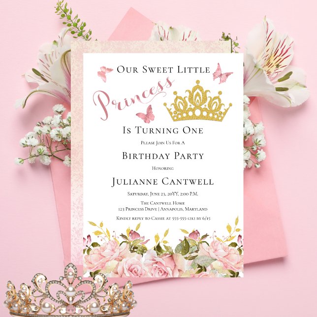 Invitación Corona | Butterflies Floral Princesa 1er cumpleaño ("Princess" Pink Rose Floral | Butterflies | Gold Crown Girl's 1st Birthday Party Invitation)