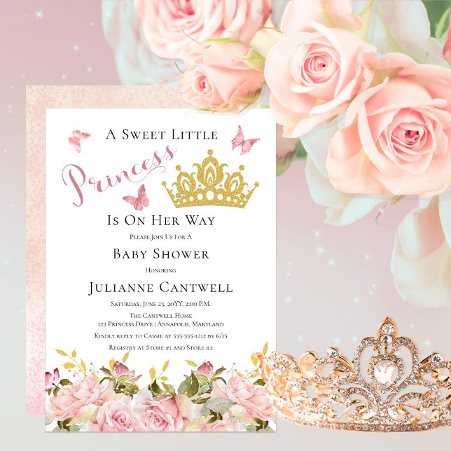 Invitación Corona | Butterflies Floral Princess Baby Shower (Faux Gold Glitter Crown and Pink Butterflies Roses Floral Princess Baby Shower Invitation)