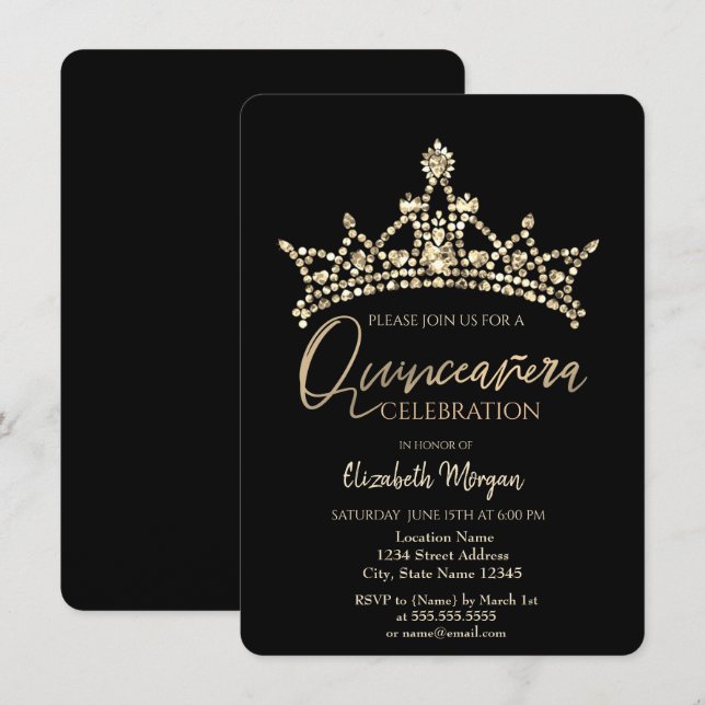Invitación Corona Chic Confeti Negro Quinceañera (Anverso / Reverso)