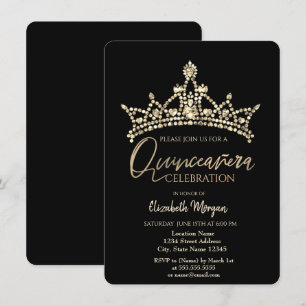 Invitación Corona Chic Confeti Negro Quinceañera