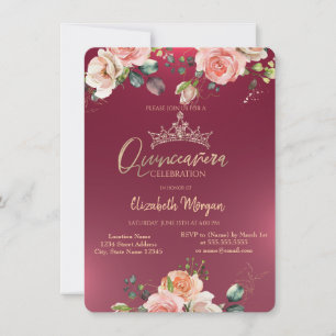 Invitación Corona Chic Rosas Burgundy Quinceañera