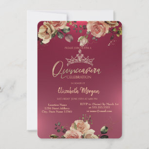 Invitación Corona Chic Vintage Rosas Quinceañera Borgoña