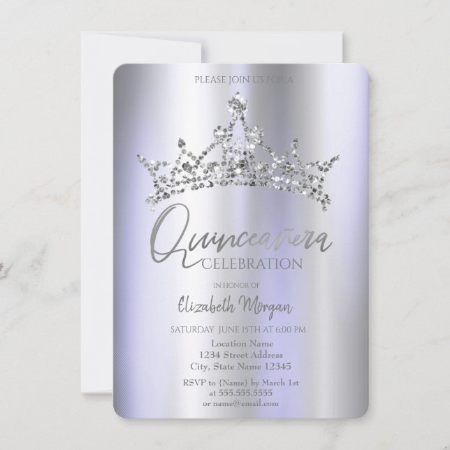 Invitación Corona Chic Violeta Metálico Quinceañera (Anverso)