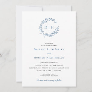 Invitación Corona Clásica de Monograma de Boda en Azul Marino