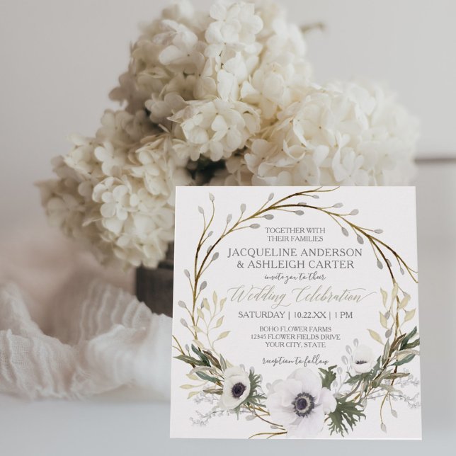 Invitación Corona cuadrada moderna de anemone, ramita de hele (Subido por el creador)