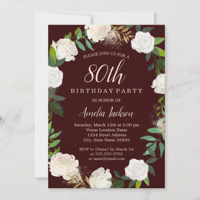 Invitación Corona de acuarela dorada y borgoña para cumpleaño (Anverso)