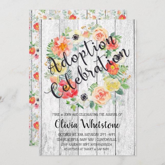 Invitación Corona de acuarela naranja y amarillo Adopción (Anverso / Reverso)