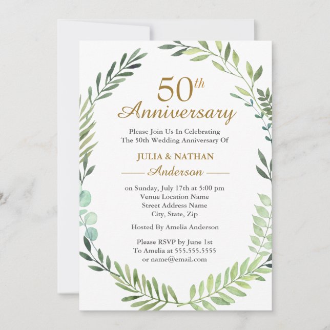 Invitación Corona de Acuarela Verde 50 Aniversario de Boda (Anverso)