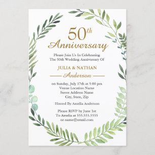 Invitación Corona de Acuarela Verde 50 Aniversario de Boda