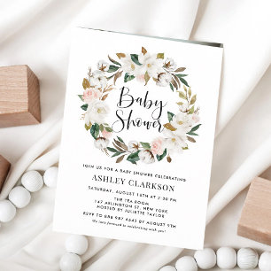 Invitación Corona de algodón y magnolia en acuarela para baby