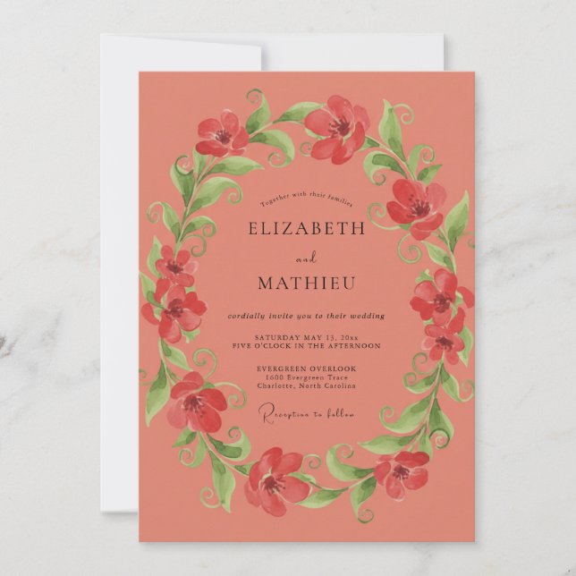 Invitación Corona de amapola de coral boda (Anverso)
