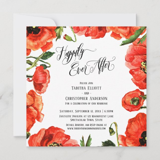 Invitación Corona de Amapolas Rojas Recepción Felices para Si (Anverso)