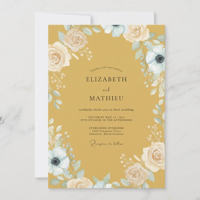Invitación Corona de Anémonas con Mostaza Boda (Anverso)